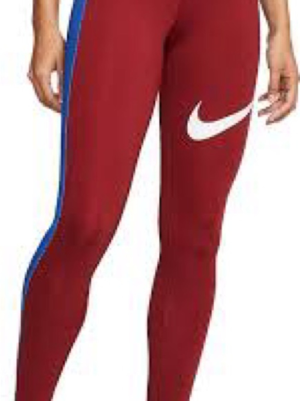 Nike Women's Maroon Leggings with White Swoosh and Blue Side Stripe